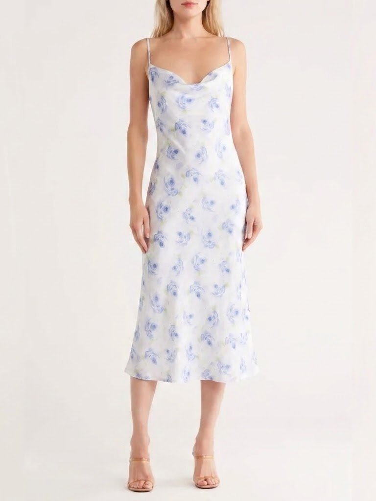 Lulu's Dreamy Direction Grey Blue Floral Organza Cowl Slip Midi Dress In Xs